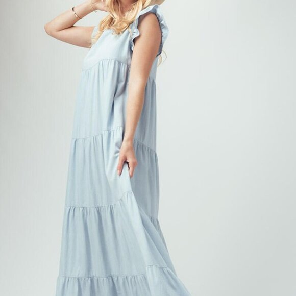 Casual Sleeveless Denim Maxi Dress - Babydoll Ruffle Long Dress - Picture 2 of 6